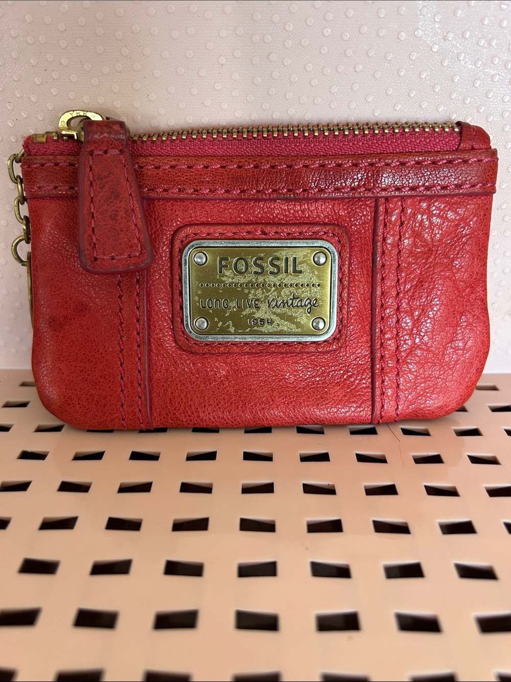 Fossil Red Leather Zip Wristlet Coin Pouch 1954